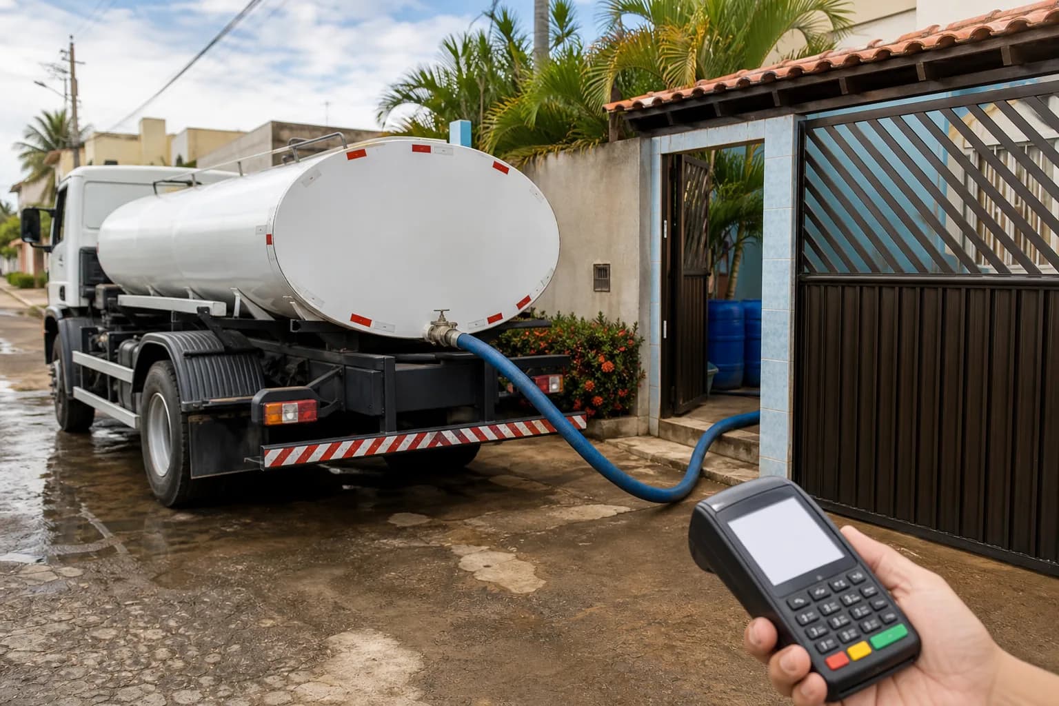 Caminhão pipa em entrega residencial com terminal de pagamento sem marca em São Luís