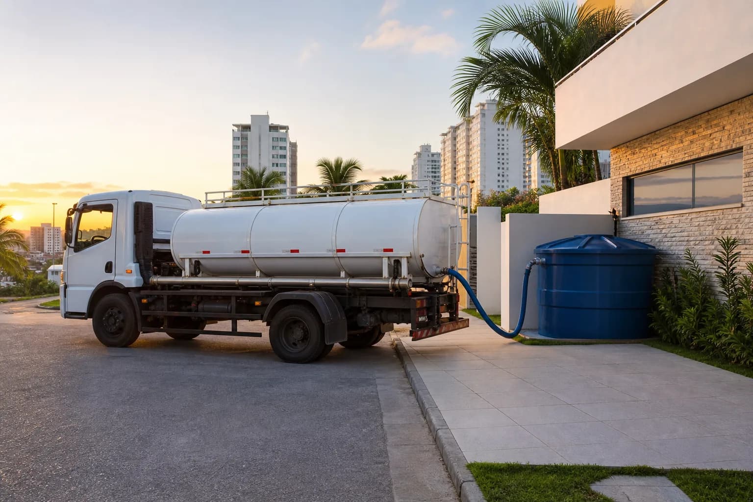 Caminhão pipa abastecendo reservatório residencial nos Holandeses, em São Luís
