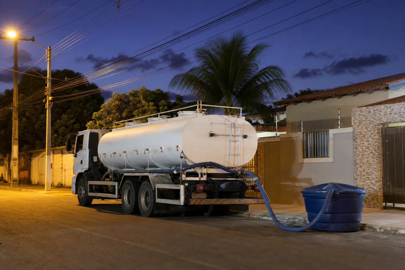 Caminhão pipa pronto para entrega de água à noite em São Luís